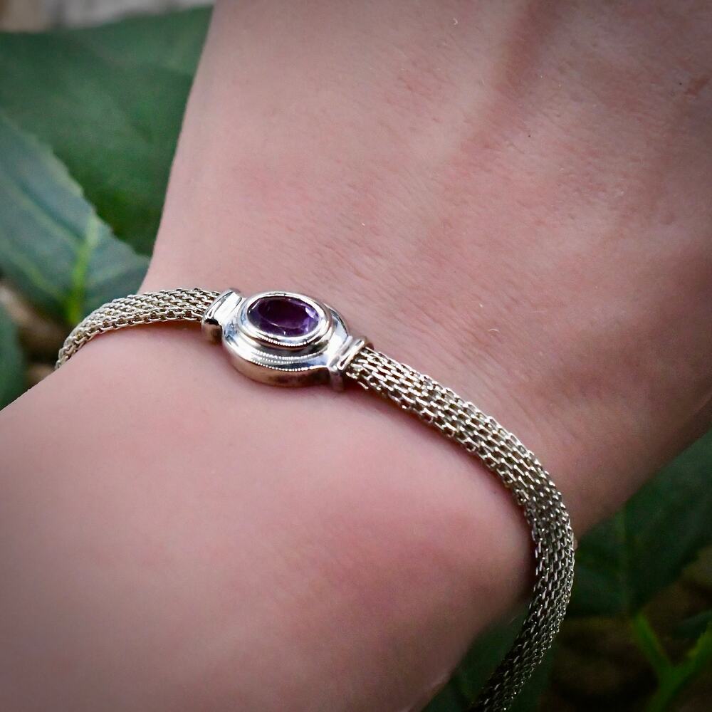 Italian Sterling Silver Mesh Wrap Bracelet Vintage 925 Amethyst 7 Inch